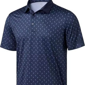 Men's Navy Blue Short Sleeve Polo <b>Shirt</b> With White Pattern Print Regular Fit Casual Knitted Breathable <b>100</b>% <b>Polyester</b> - Product Image 6