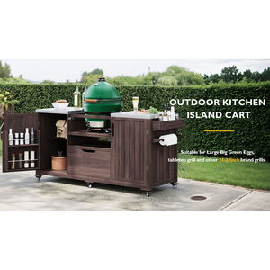 Isla de Cocina para Exteriores de Madera Sólida de 66.5 Pulgadas para Parrillas Big Green Egg, Carrito con Mesa de Acero Inoxidable para Camping - Product Image 2