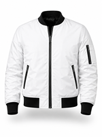 Blouson bomber blanc pour homme avec garniture noire, fermeture éclair, coupe-vent décontracté en polyester rembourré, idéal pour l'automne