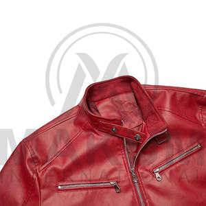 Men's <b>Red</b> Leather Motorcycle <b>Jacket</b> Slim Fit Stand Collar Zipper Closure Regular Length Moto Biker Style <b>RED</b> <b>Jacket</b> Leather - Product Image 3