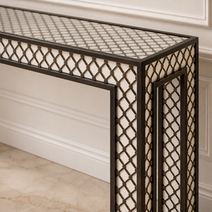 Table console moderne de luxe avec incrustations en os, plateau en métal et rangement pour entrée, salon, chambre à coucher - Product Image 2