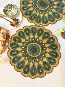 Handmade <b>Round</b> Bohemian Beaded Fabric <b>Placemat</b> With Teal And Gold Mandala Design - Product Image 4