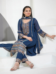 Faux Georgette Embroidered <b>Kurti</b> Pant Set with Dupatta Traditional Sequence Work Three Piece Salwar Suit for Women - Product Image 4