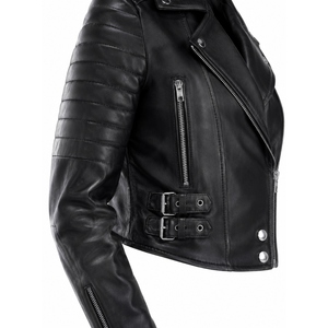 Chaqueta de Motociclista Corta de Cuero Genuino para Mujer, Chaqueta de Moto Negra Personalizada, Chaqueta de Cuero Ajustada a la Moda, OEM - Product Image 3