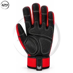 Gants de travail pour mécaniciens en cuir synthétique rouge et noir haute visibilité, paume rembourrée, antidérapants, avec fermeture auto-agrippante au poignet, gants robustes - Product Image 4