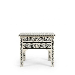 Table de chevet en os incrusté vert sauge, motif floral fait main, 2 tiroirs, table de nuit incurvée, artisanat indien en gros, accent personnalisé - Product Image 2
