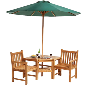 This outdoor dining <b>set</b> consists of a <b>square</b> wooden table with a central umbrella hole and two armchairs. - Product Image 2