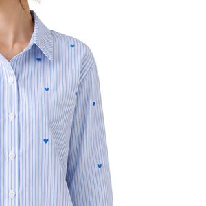 Camisa de Mujer a Rayas Blancas y Azul Claro, con Botones, Manga Larga, Blusa de Algodón, Bordado de Corazón, Corte Holgado, Estilo Casual, Talla Grande - Product Image 4