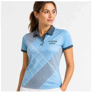 Polo Personalizado para Mujer con Estampado de Cuadrícula Diagonal Azul Cielo y Gris, de Secado Rápido, Transpirable, Manga Corta, Uniforme de Golf, WPS-0820 - Product Image 1