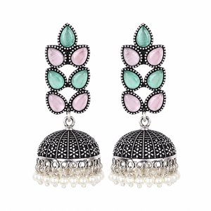 Indian Jhumka Oxidized <b>Silver</b> Multi Color Gemstone <b>Dangle</b> <b>Earrings</b> for Women Wholesale Supplier - Product Image 1