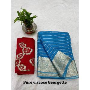 ATRACTIVA VISCOSA GEORGETTE GOLA JACQUARD FRONTERA TRABAJO SAREE CON SECUENCIA DESCOSTADA BLUSA DE TRABAJO SKY - Product Image 1