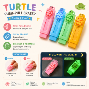 Gomme à effacer mignonne en forme de tortue de mer, à pousser et à tirer |   Toboggan en caoutchouc 3D créatif rétractable en forme de tortue pour enfants |   Fournitures scolaires pour étudiants - Product Image 5