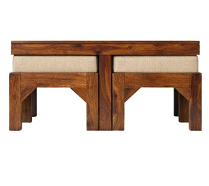 Table basse en bois massif gain de place avec 4 tabourets imbriqués | Table basse de salon avec tabourets rembourrés |   Vente en gros en Inde - Product Image 5