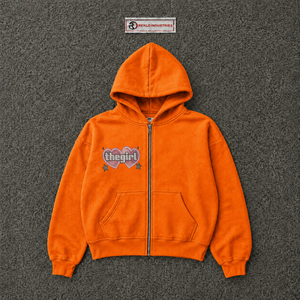 Sudadera con capucha naranja personalizada con cremallera completa para mujer, diseño de corazón con pedrería, estilo urbano, corte holgado, moda casual - Product Image 5