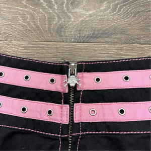 Wholesale Gothic Pleated Mini Skirt Women’s Punk Rock Black and Pink Contrast Panel Short Skirt with <b>Hook</b> and Eye Grommet - Product Image 6