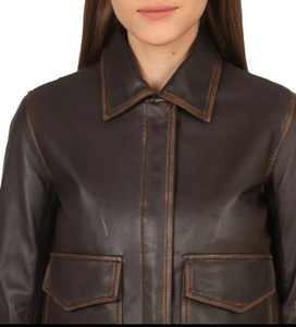 Chaqueta Bomber de Cuero Genuino para Mujer, Manga Larga, Cuello Camisero, Cierre de Cremallera, Bolsillos con Parches, Ropa de Otoño - Product Image 5