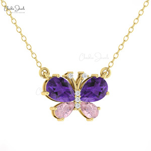 Hot Products 7×5mm Pear Cut Amethyst & Pink Morganite <b>Necklace</b> in 14k Solid Gold with Diamond Butterfly Nature Inspired Jewelry - Product Image 1