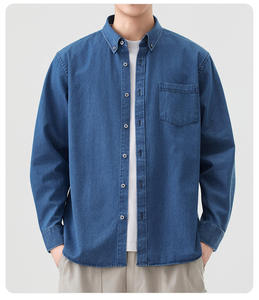 Men's Denim Shirt Button Down Collar Full Sleeve Solid Color Casual Loose Fit Washable Cotton Fabric - Product Image 2