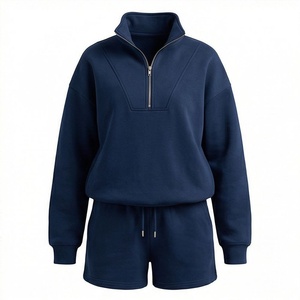 Conjunto de 2 Piezas de Felpa para Mujer, Sudadera con Cierre y Cuello Alto y Pantalones Cortos por Encima de la Rodilla, Color Sólido, Corte Holgado, para Todas las Temporadas - Product Image 1