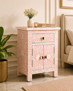 Pink Bone Inlay Wood Side <b>Table</b> Storage Ottoman Floral Pattern <b>Bedside</b> Cabinet Hand Finished Accent <b>Stool</b> - Product Image 2