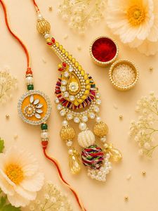 Juego de Rakhi de Diseño Artesanal con Adornos de Perlas para el Festival de Raksha Bandhan en Colores Rosa, Amarillo y Azul - Product Image 2