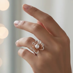 Bague florale ajustable en or rose avec perle de coquillage naturelle de luxe, bijou tendance pour fiançailles, mariage et anniversaire - Product Image 1