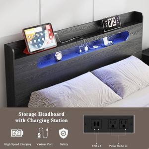 Letto matrimoniale in legno con piattaforma, testiera illuminata a LED e contenitore, 2 USB, silenzioso, non richiede rete a molle - Product Image 2