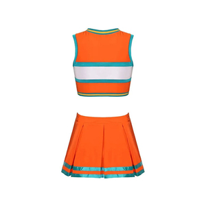 Ensemble d'uniformes de cheerleading personnalisés, bordure orange et bleue, imprimé par transfert thermique, 100 % polyester, logo frontal, style jupe pour adulte - Product Image 2