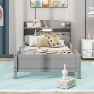 Letto a piattaforma in legno grigio antico per bambini, con luci LED integrate, testiera contenitore e sponda di protezione - Product Image 2