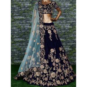 Lehenga Choli de Terciopelo Bordado con Dori Azul Clásico para Damas de Honor de Talla Grande - Product Image 2