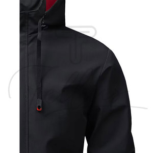 Men's Black Hooded <b>Waterproof</b> Sport <b>Jacket</b> With <b>Red</b> Logo Zipper Closure Regular Fit Autumn Wear Polyester Shell - Product Image 5