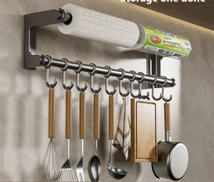 Wall Mounted Stainless Steel Kitchen <b>Hook</b> Rack Tissue Holder Rod <b>Shelf</b> Spoon Spatula Storage Organizer Bathroom Kitchen Use - Product Image 4