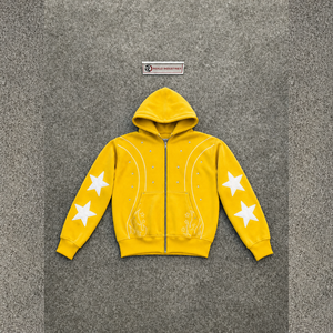 Sweat à capuche zippé oversize jaune premium, streetwear, avec motif graphique élégant, style mode urbaine moderne, inspiré des designers. - Product Image 6