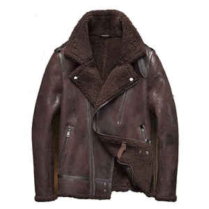 <b>Men</b> Brown Genuine Leather <b>Sherpa</b> Lined Moto Jacket Zipper Closure Winter Outerwear Regular Fit - Product Image 1