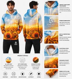 Sudadera con Capucha para Hombre SINEWY SPORTS, Estampado de Campo de Girasoles, Transpirable, 100% Algodón, Estilo Urbano Informal con Bolsillo Canguro, Invierno - Product Image 1