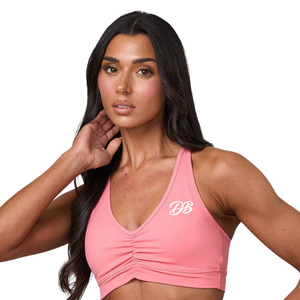 Custom Logo <b>Pink</b> Ruched V Neck Sports Bra Women High Support Padded Gym Athletic Fitness <b>Crop</b> <b>Top</b> Activewear Wholesale - Product Image 3