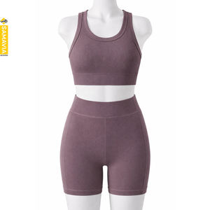 Ensemble de sport 2 pièces sans couture côtelé pour femme avec coutures renforcées : Legging taille haute, Crop Top, Short d'entraînement et Brassière de sport - Product Image 1