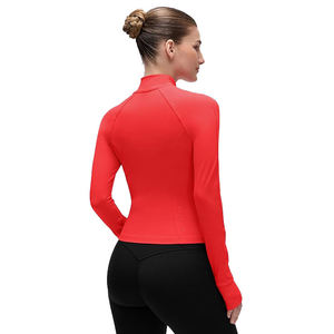 Women's Red Long Sleeve Zip up Yoga <b>Jacket</b> Slim Fit Stretch Quick Dry Seamless Ribbed Stand Neck Top - Product Image 2
