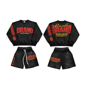 Conjunto Corto de Chaqueta Cortavientos y Pantalones Cortos de Forro Polar de Algodón y Poliéster de Primera Calidad, 320 GSM, Color Negro, con Logotipo Personalizado Estampado en Relieve para Hombre - Product Image 1