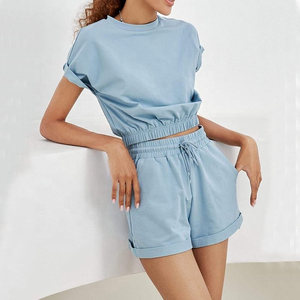 Women's Gray Two Piece Sporty <b>Set</b> Short Sleeve Crop Top With Side Stripe Shorts Breathable <b>Knitted</b> Polyester Spandex Spring Summ - Product Image 2