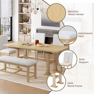 Set Tavolo da Pranzo Allungabile Stile Rustico da 76 Pollici con 6 Sedie, Tavolo da Cucina a Cavalletto con Prolunga Rimovibile da 18 Pollici e Sedie Imbottite - Product Image 3