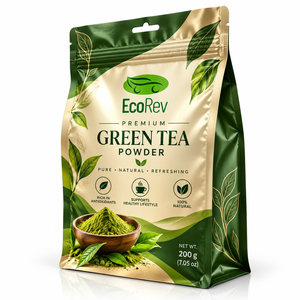 Premium Green Tea Powder 100g Stand up <b>Pouch</b> <b>with</b> Valve Zipper Top Resealable Laminated Silk Screen Printed Food Grade Packaging - Product Image 2