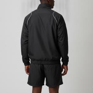Ensemble court en nylon noir pour homme OEM, vêtements de jogging personnalisés avec logo, ensemble coupe-vent unisexe deux pièces zippé avec short et passepoil - Product Image 5