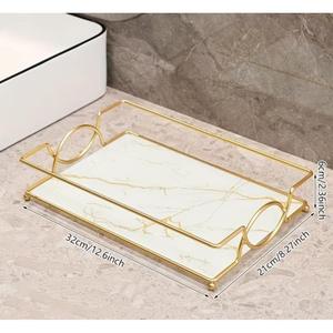 Rectangular Bathroom Tray Handmade White Marble Trays With Gold <b>Border</b> Design Decorative Vanity Trays For Bathroom Organization - Product Image 5