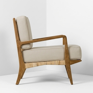 Fauteuil de salon scandinave en bois rembourré en tissu crème pour hall d'accueil – Vente en gros directe usine pour importateurs - Product Image 5