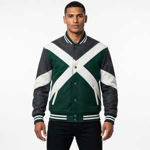Best Selling Green <b>White</b> Cross Panel Letterman <b>Jacket</b> Soft Fabric Ribbed Cuffs Modern Street Style Everyday Comfort - Product Image 1