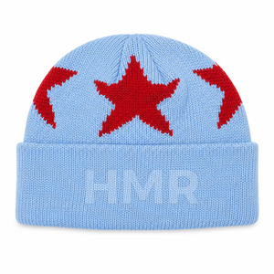 หมวกบีนนี่ถักสีฟ้าอ่อน HMR Sisterhood Brotherhood พร้อมลายปักดาวและพระจันทร์สีแดง หมวกฤดูหนาวแบบยูนิเซ็กส์ สไตล์ลำลอง - Product Image 1