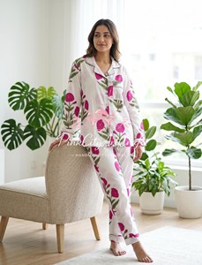 Women's Luxury Pure Cotton Hand Block Printed Summer Autumn Night Suit Set Button-<b>Down</b> Collared Long Sleeve Shirt Adjustable - Product Image 3