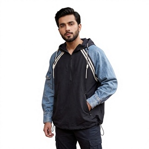 Custom Y2K <b>Men's</b> <b>Denim</b> Sleeve <b>Hooded</b> <b>Jacket</b> Contrast Color Zip Casual Outerwear Streetwear Windbreaker Winter Breathable OEM - Product Image 1