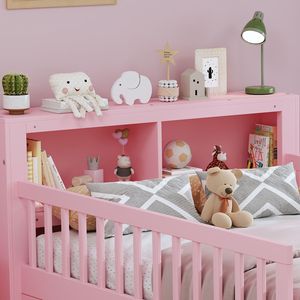 Letto singolo rosa per bambini con testiera con vano portaoggetti, due cassetti sotto il letto e tre sponde laterali per sicurezza e protezione - Product Image 3